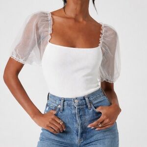 ASTR The Label Darling White Sheer Puff Sleeve Square Neck Bodysuit Size Small